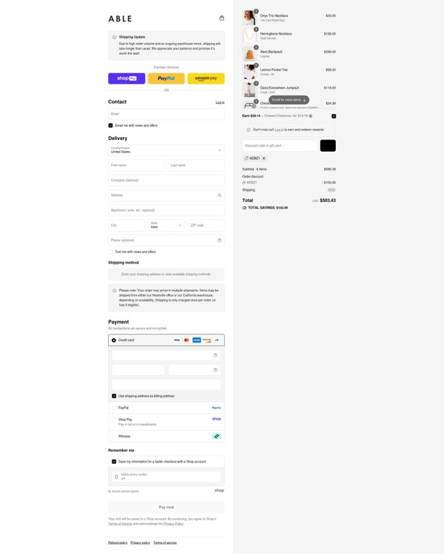 Able checkout page showing Able discount code box | Screenshot taken by SimplyCodes community member on Aug 28, 2025