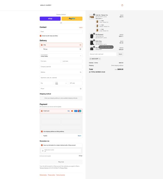 Able Carry checkout page showing Able Carry discount code box | Screenshot taken by SimplyCodes community member on Sep 8, 2025