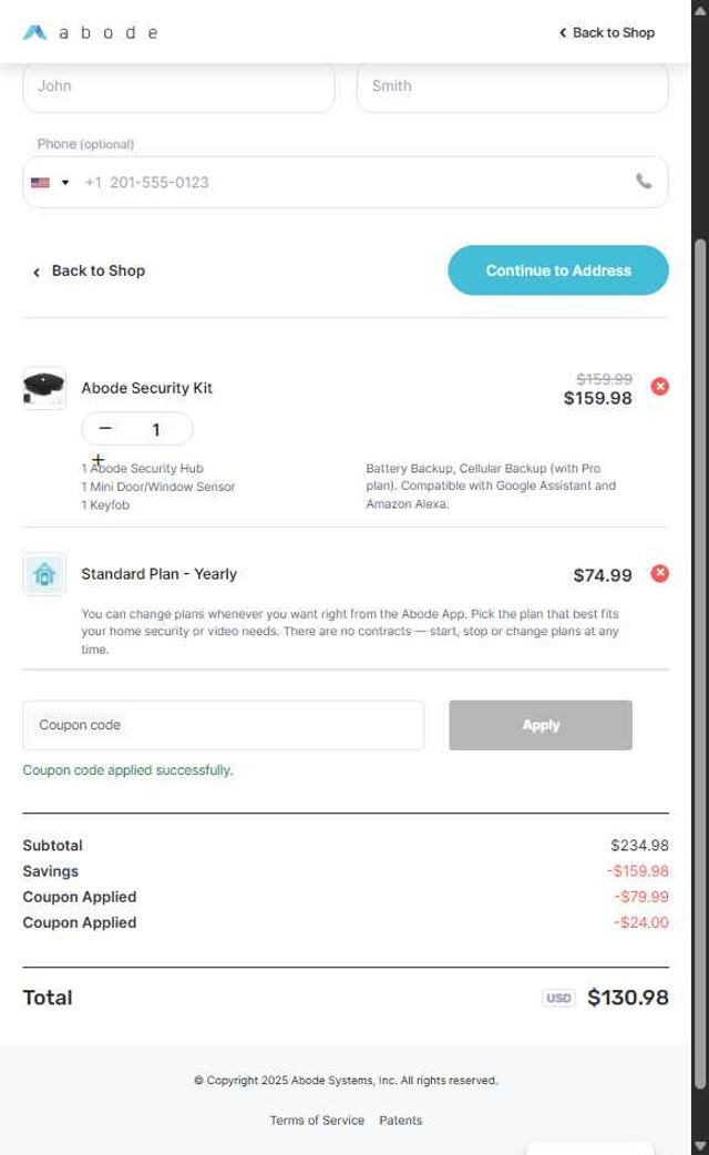 Abode checkout page showing Abode coupon code box | Screenshot taken by SimplyCodes community member on Jul 17, 2025