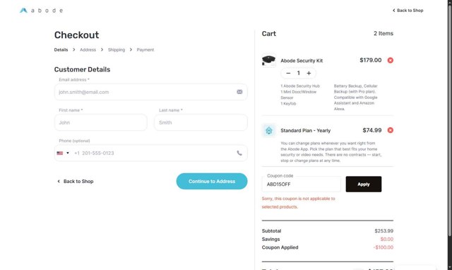 Abode checkout page showing Abode coupon code box | Screenshot taken by SimplyCodes community member on Aug 26, 2025
