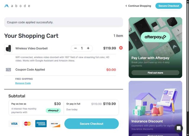 Abode checkout page showing Abode coupon code box | Screenshot taken by SimplyCodes community member on Aug 15, 2025