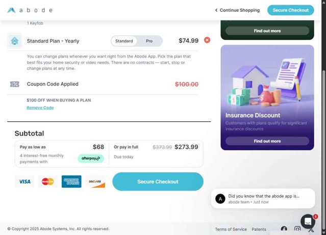 Abode checkout page showing Abode coupon code box | Screenshot taken by SimplyCodes community member on Aug 14, 2025