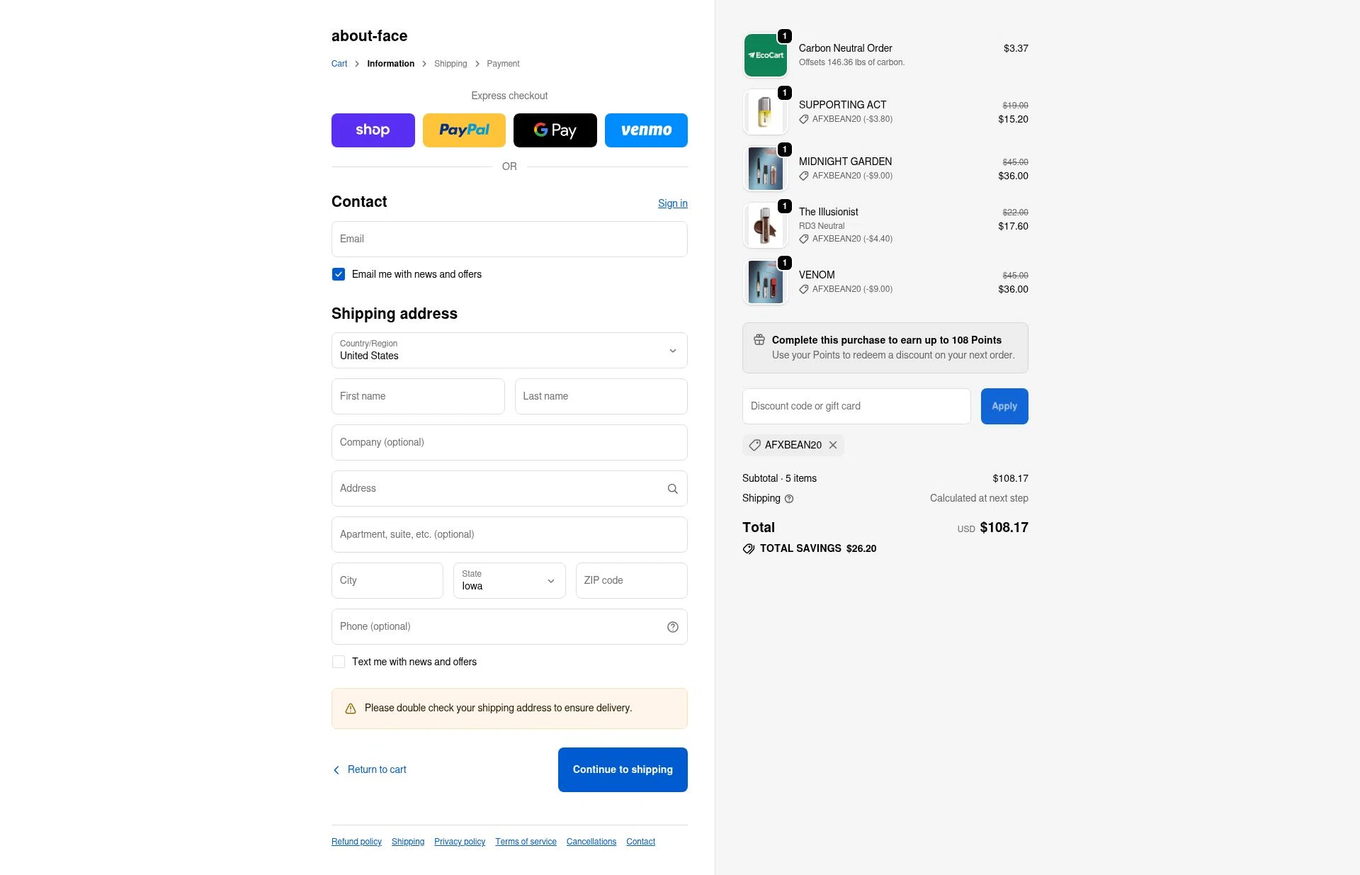 about-face checkout page showing about-face promo code box | Screenshot taken by SimplyCodes community member on Feb 13, 2026