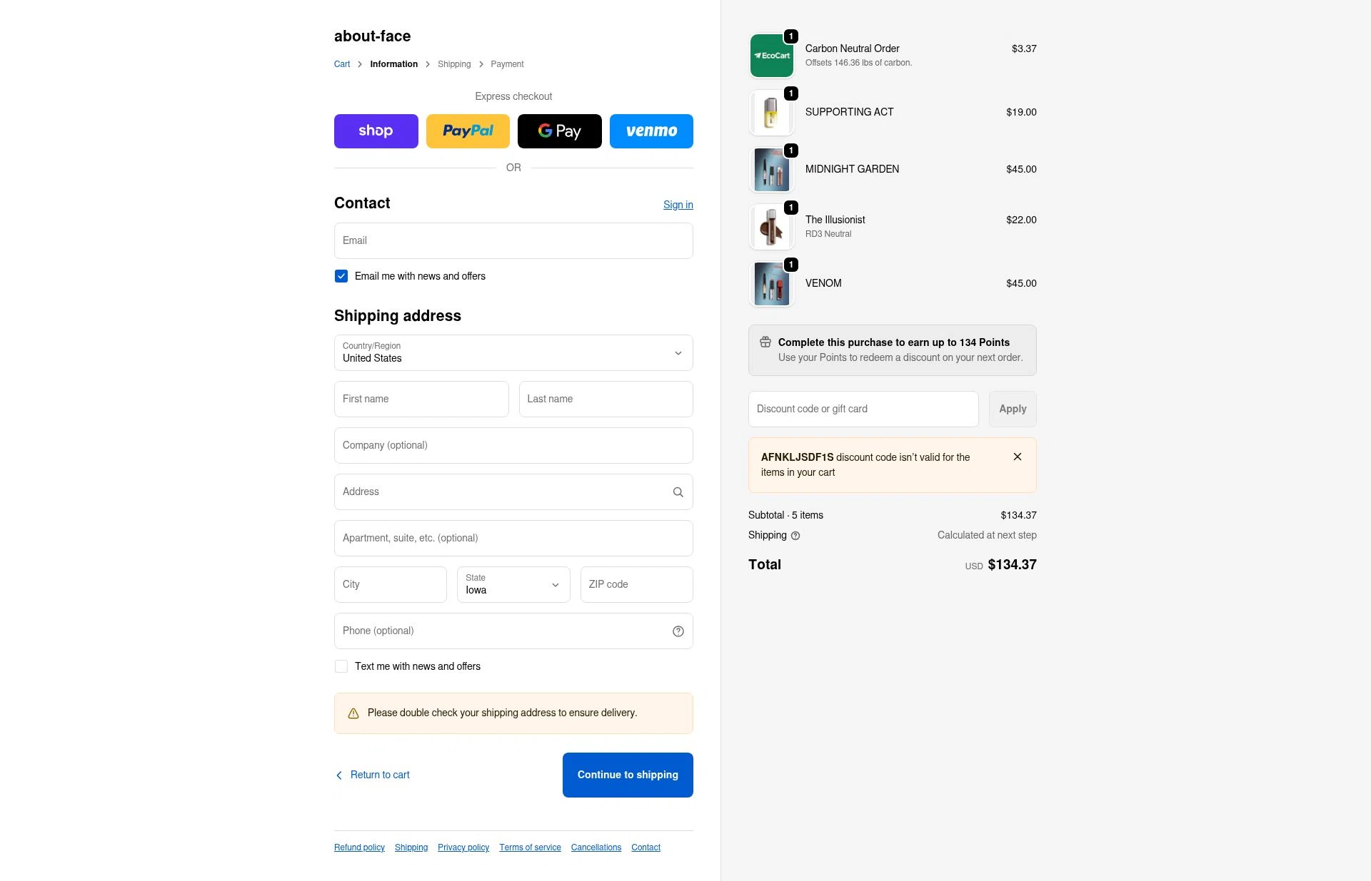 about-face checkout page showing about-face promo code box | Screenshot taken by SimplyCodes community member on Feb 13, 2026