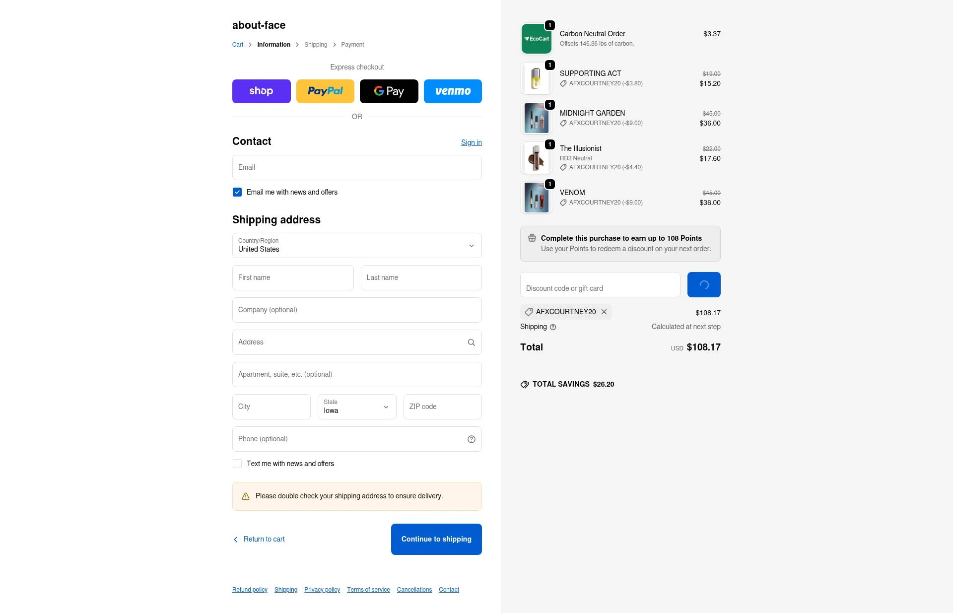 about-face checkout page showing about-face promo code box | Screenshot taken by SimplyCodes community member on Feb 13, 2026