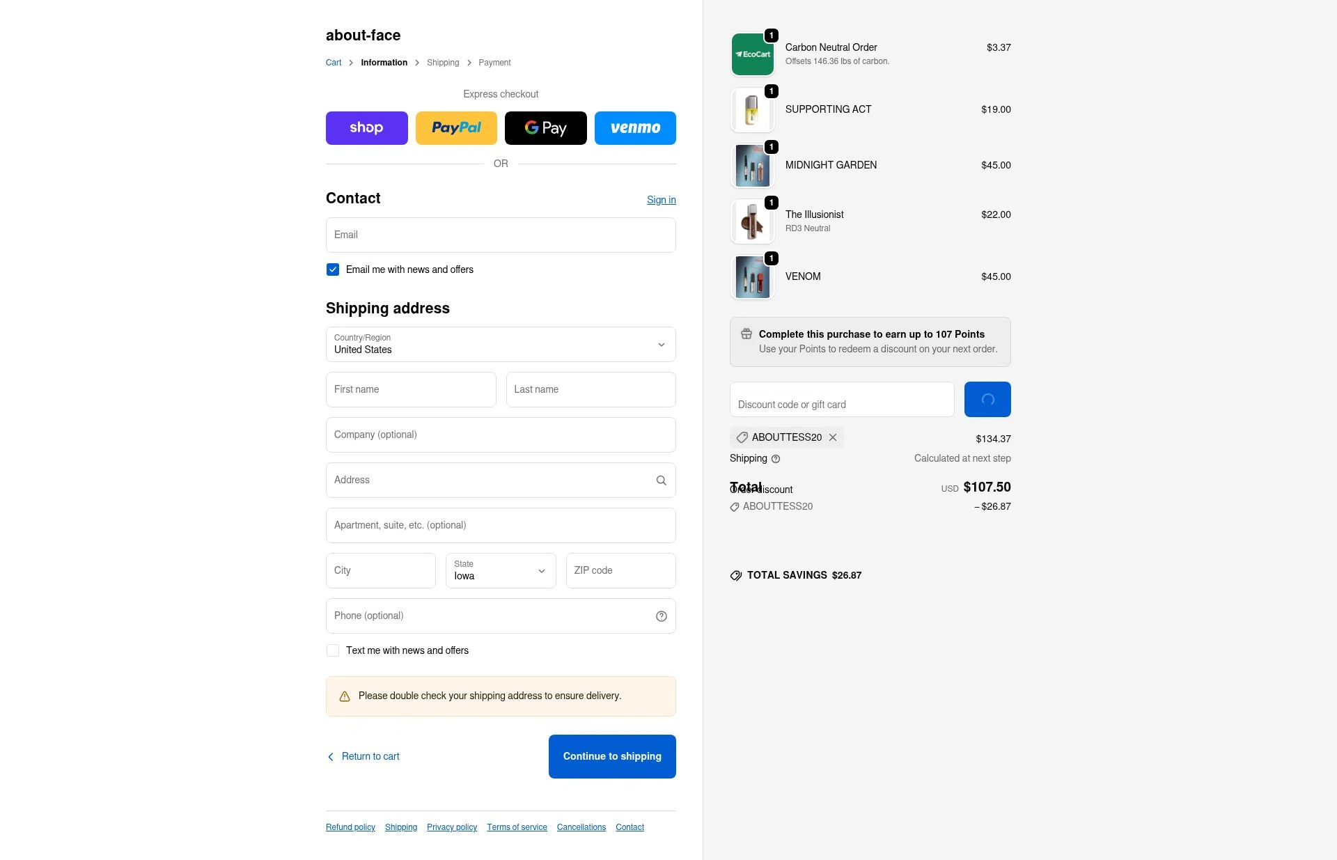 about-face checkout page showing about-face promo code box | Screenshot taken by SimplyCodes community member on Feb 13, 2026