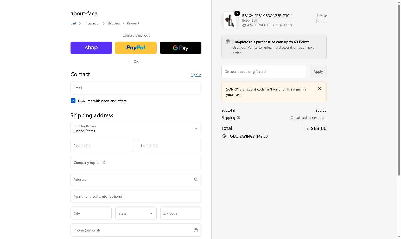 about-face checkout page showing about-face promo code box | Screenshot taken by SimplyCodes community member on Feb 13, 2026