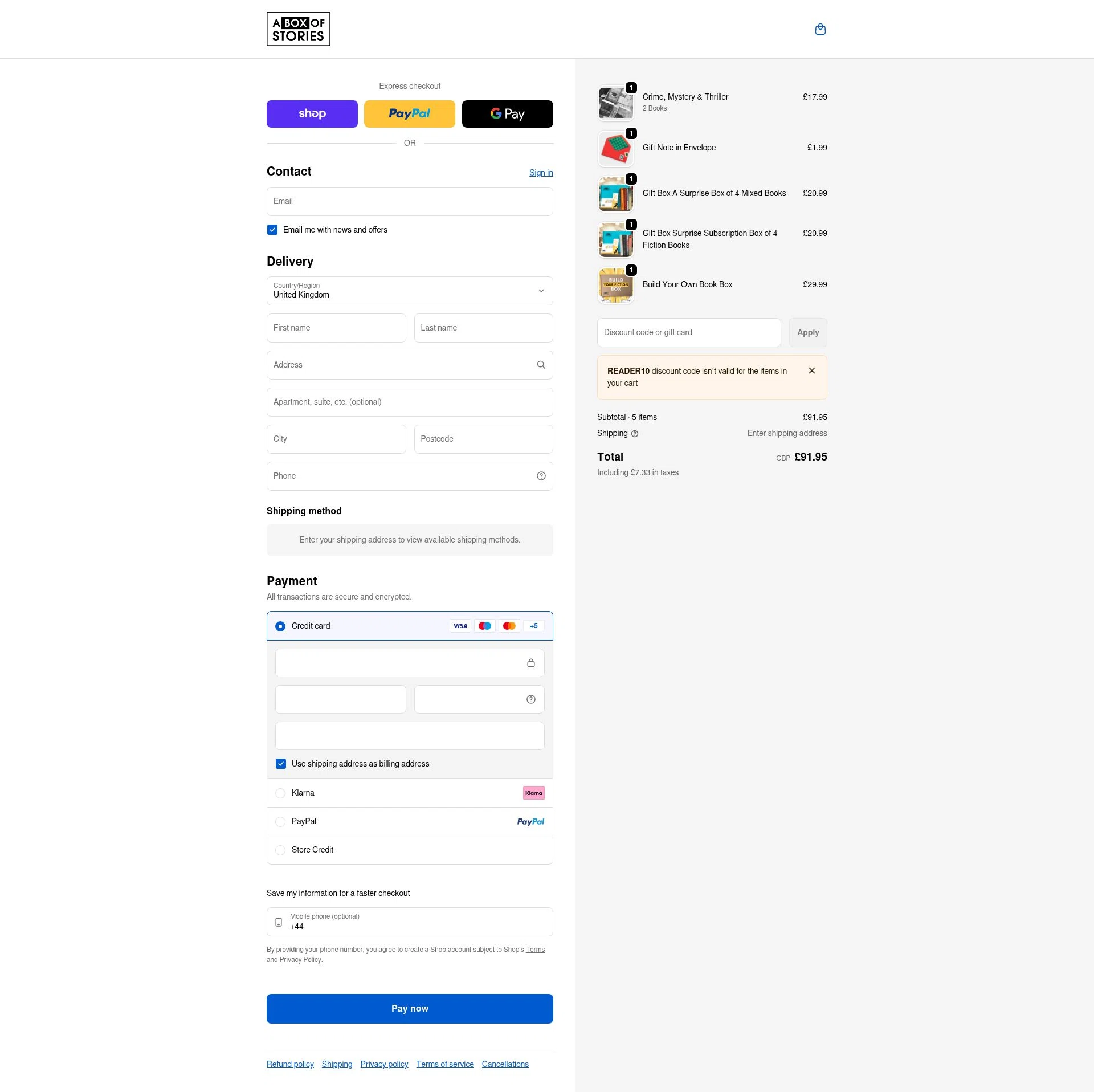 A Box of Stories checkout page showing A Box of Stories discount code box | Screenshot taken by SimplyCodes community member on Feb 8, 2026