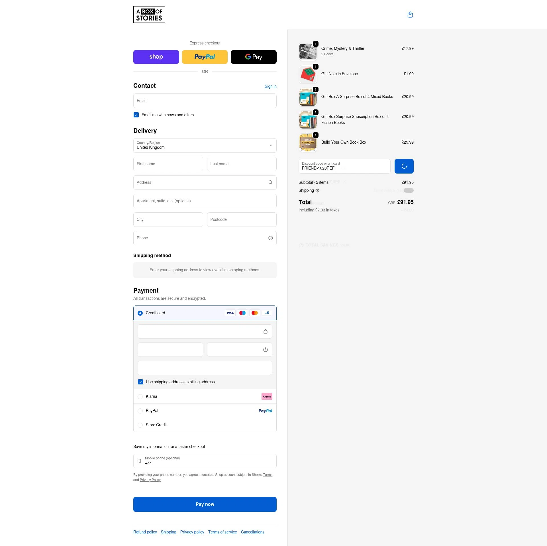 A Box of Stories checkout page showing A Box of Stories discount code box | Screenshot taken by SimplyCodes community member on Feb 8, 2026