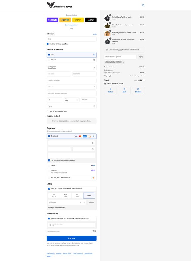 Abracadabra NYC checkout page showing Abracadabra NYC discount code box | Screenshot taken by SimplyCodes community member on Aug 27, 2025