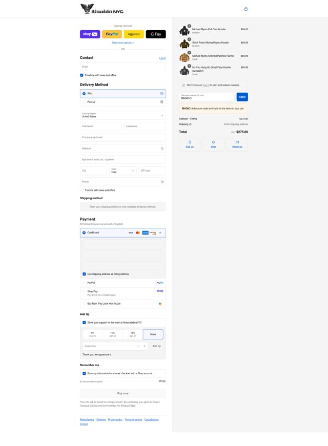 Abracadabra NYC checkout page showing Abracadabra NYC discount code box | Screenshot taken by SimplyCodes community member on Aug 27, 2025