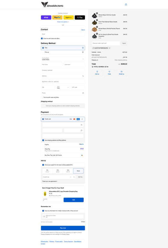 Abracadabra NYC checkout page showing Abracadabra NYC discount code box | Screenshot taken by SimplyCodes community member on Sep 13, 2025