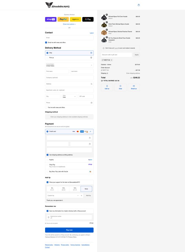 Abracadabra NYC checkout page showing Abracadabra NYC discount code box | Screenshot taken by SimplyCodes community member on Aug 27, 2025