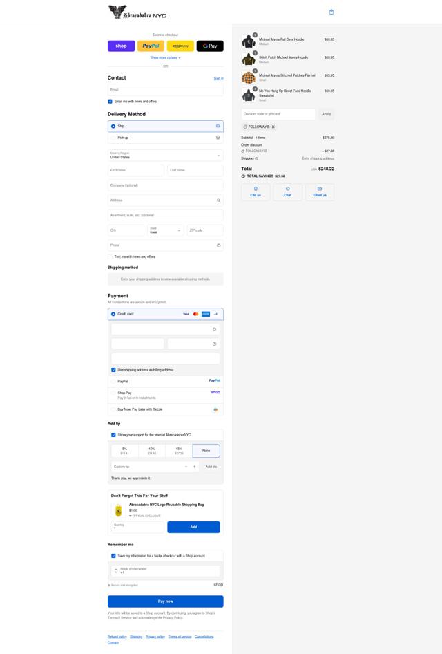 Abracadabra NYC checkout page showing Abracadabra NYC discount code box | Screenshot taken by SimplyCodes community member on Sep 13, 2025