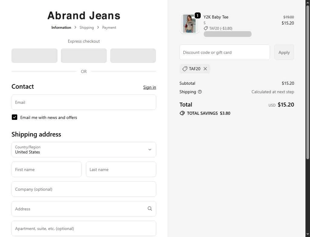 Abrand Jeans checkout page showing Abrand Jeans discount code box | Screenshot taken by SimplyCodes community member on Dec 6, 2025