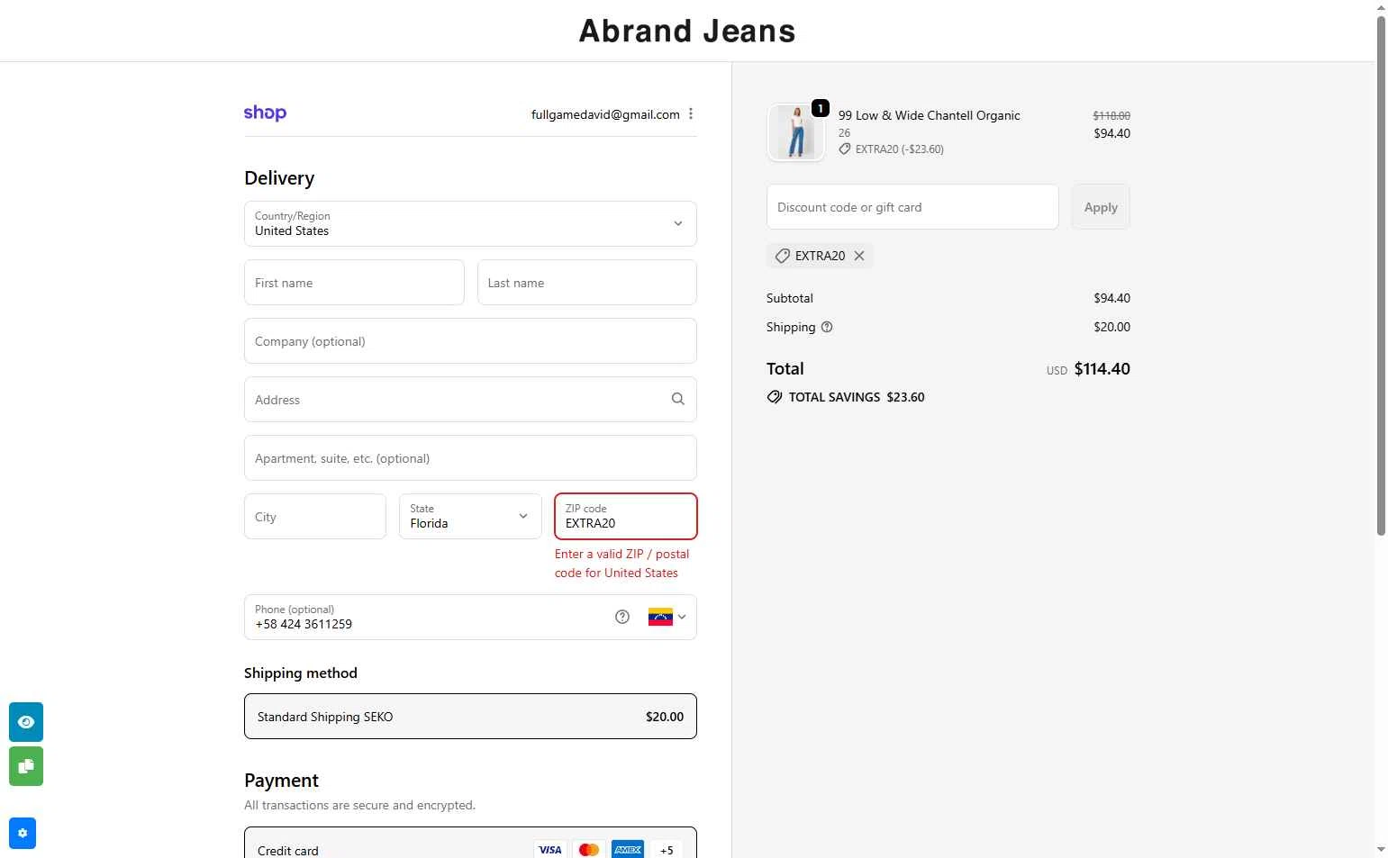 Abrand Jeans checkout page showing Abrand Jeans discount code box | Screenshot taken by SimplyCodes community member on Sep 24, 2025