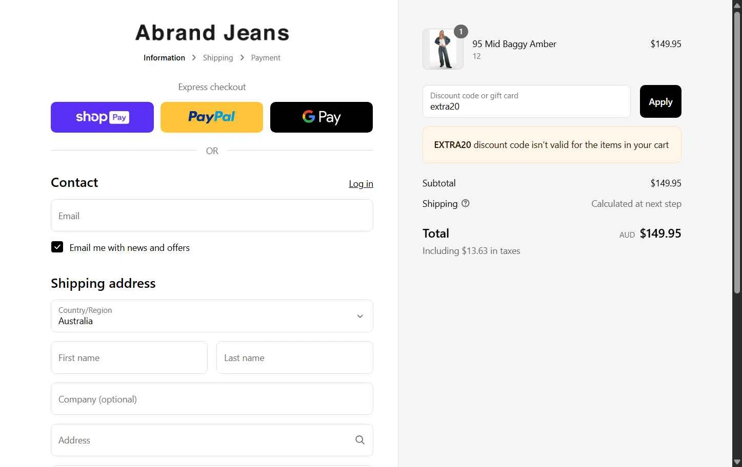 Abrand Jeans checkout page showing Abrand Jeans discount code box | Screenshot taken by SimplyCodes community member on Aug 26, 2025