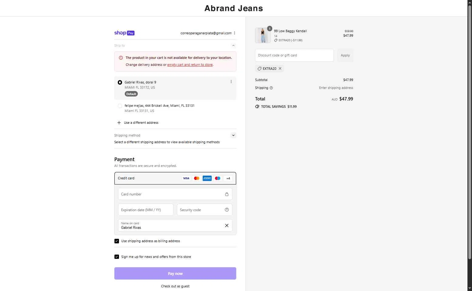 Abrand Jeans checkout page showing Abrand Jeans discount code box | Screenshot taken by SimplyCodes community member on Jul 28, 2025