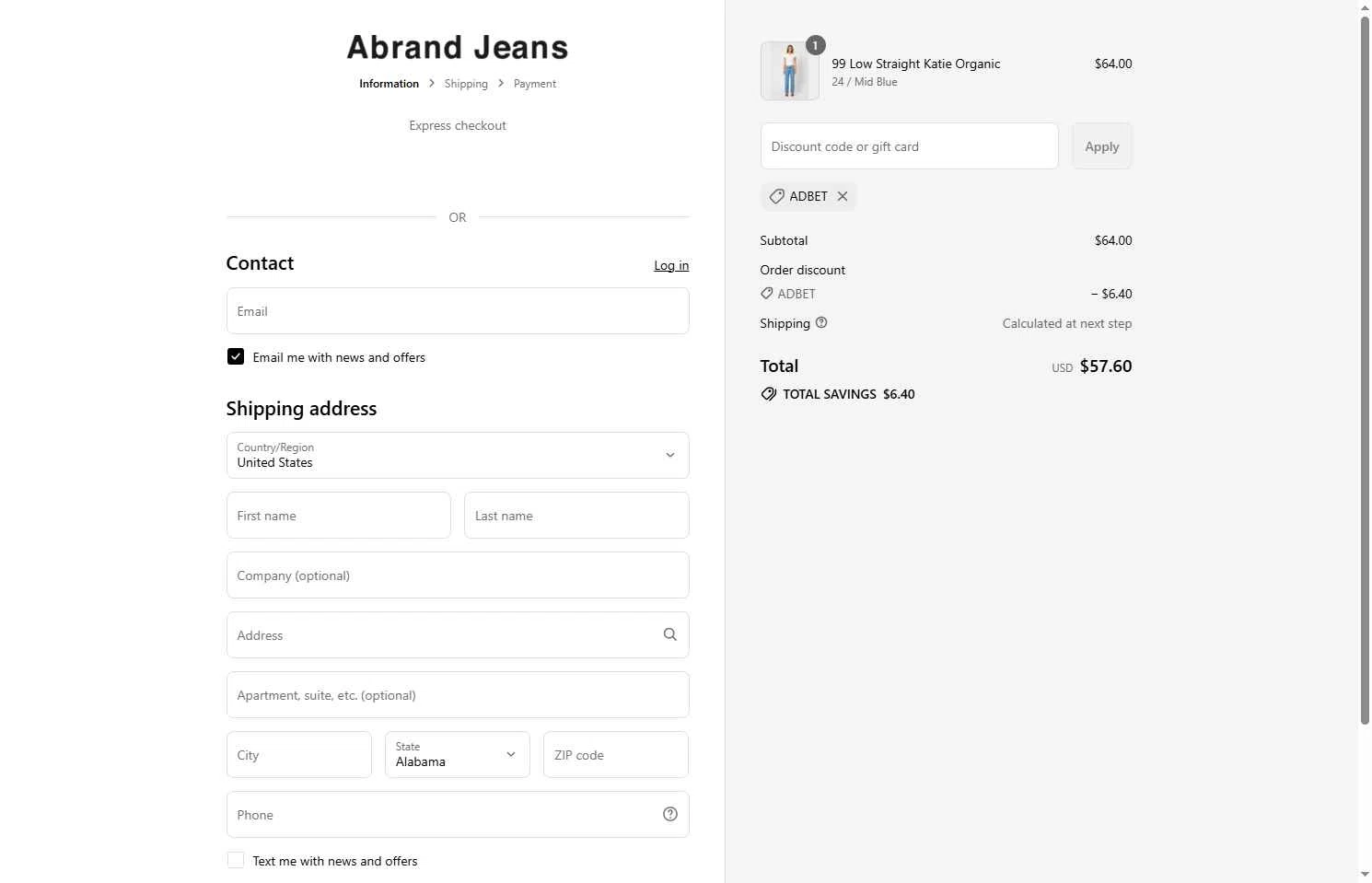 Abrand Jeans checkout page showing Abrand Jeans discount code box | Screenshot taken by SimplyCodes community member on Jul 5, 2025