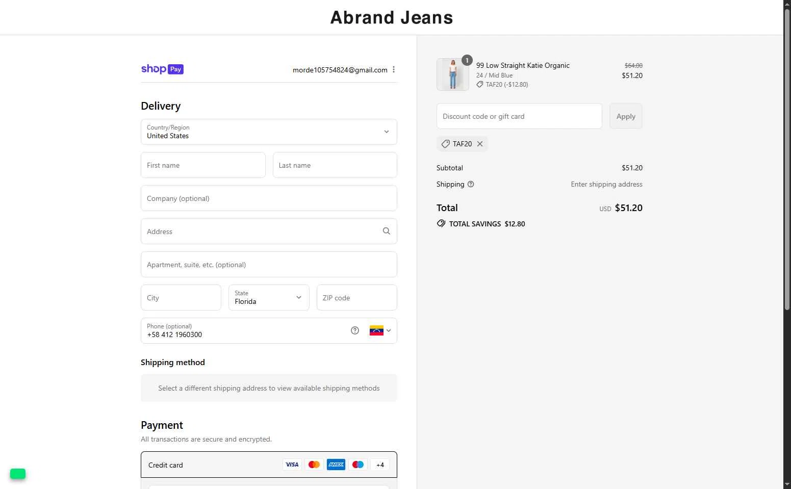 Abrand Jeans checkout page showing Abrand Jeans discount code box | Screenshot taken by SimplyCodes community member on Jul 31, 2025