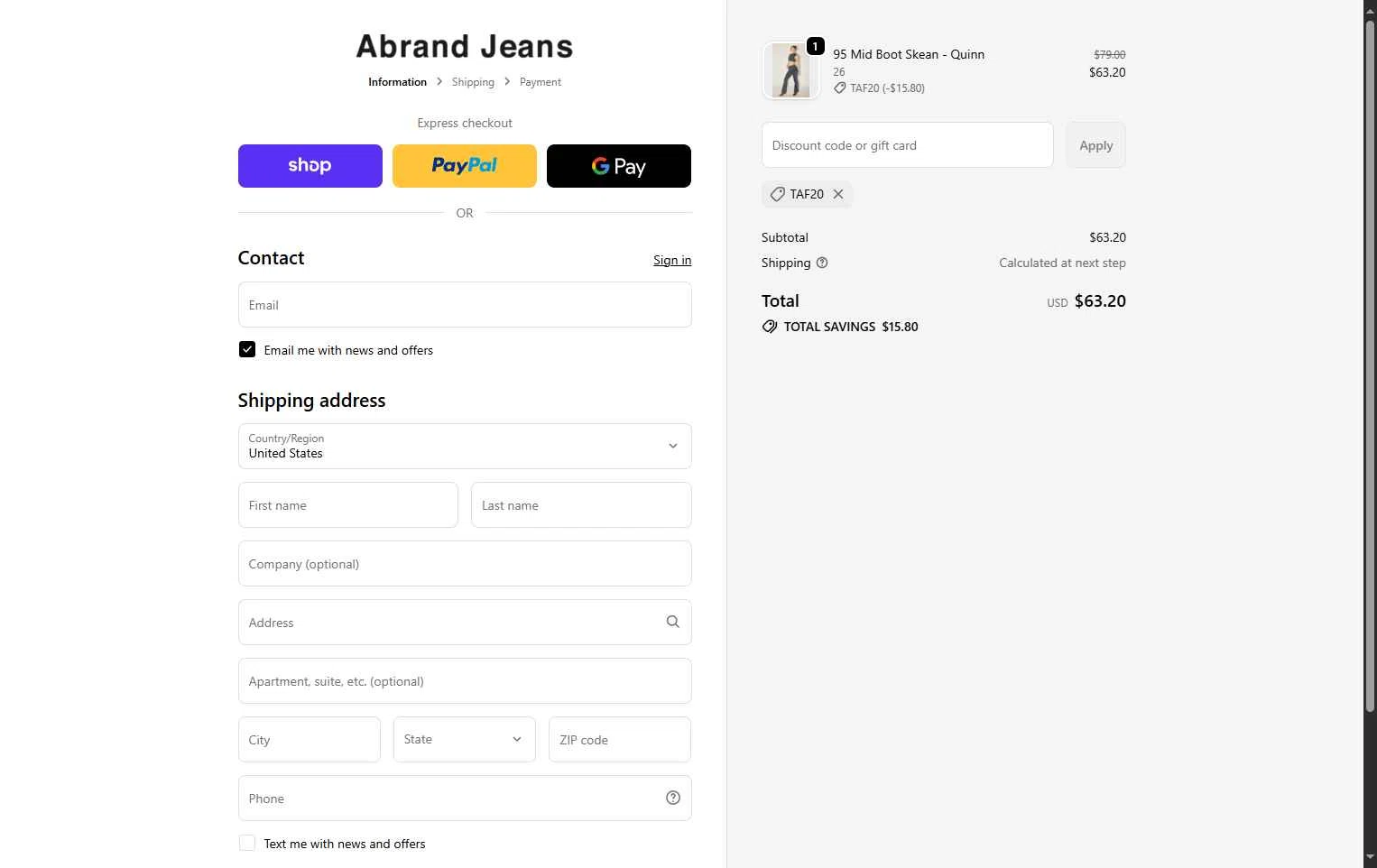 Abrand Jeans checkout page showing Abrand Jeans discount code box | Screenshot taken by SimplyCodes community member on Oct 9, 2025
