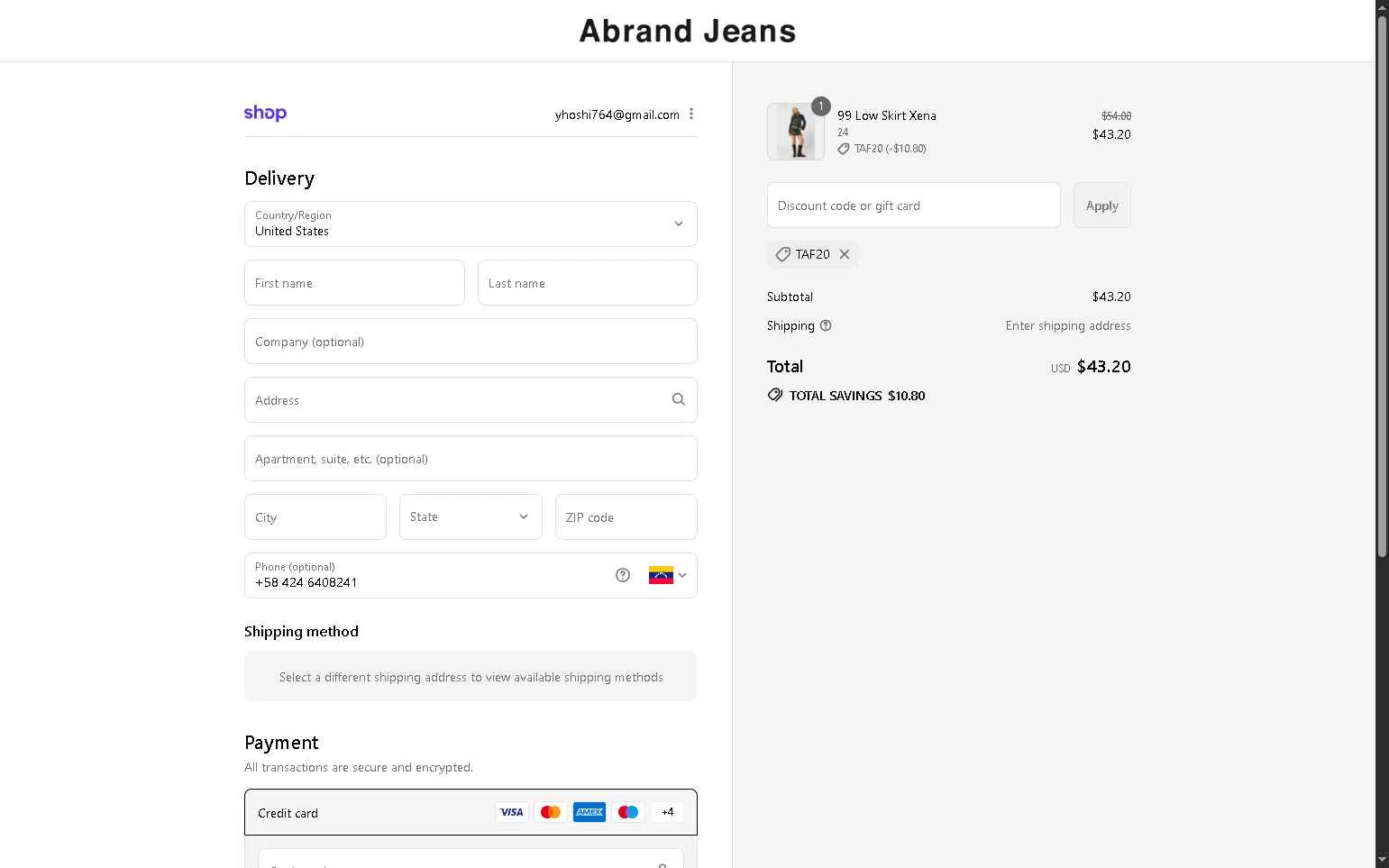 Abrand Jeans checkout page showing Abrand Jeans discount code box | Screenshot taken by SimplyCodes community member on Aug 29, 2025