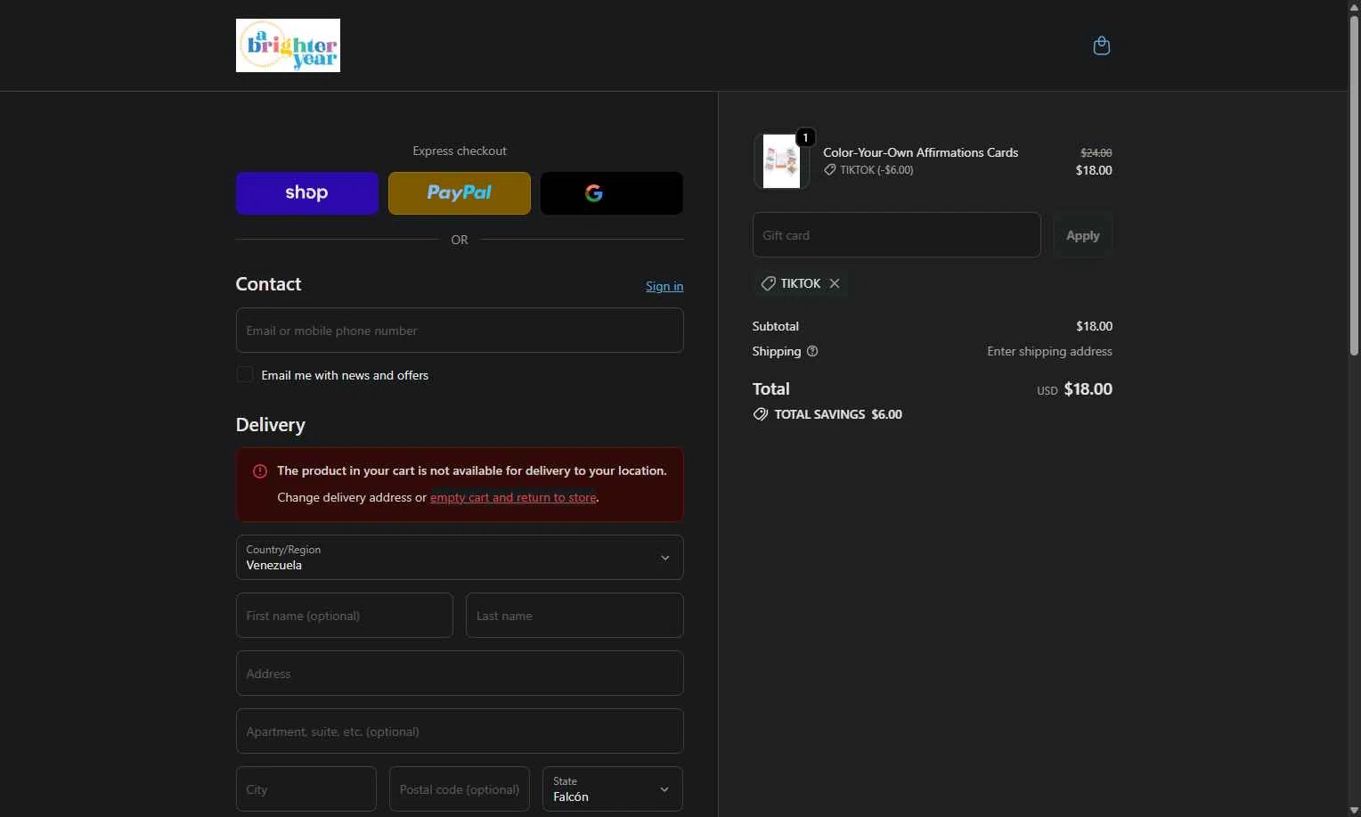 A Brighter Year checkout page showing A Brighter Year promo code box | Screenshot taken by SimplyCodes community member on Dec 27, 2025