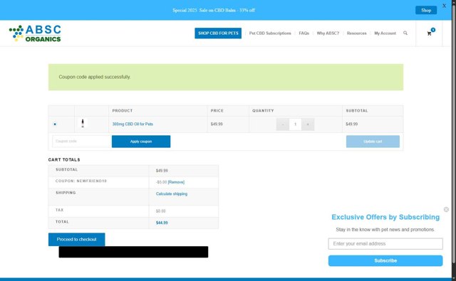 ABSC Organics checkout page showing ABSC Organics coupon code box | Screenshot taken by SimplyCodes community member on Jul 19, 2025