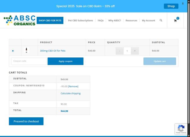 ABSC Organics checkout page showing ABSC Organics coupon code box | Screenshot taken by SimplyCodes community member on Jul 19, 2025