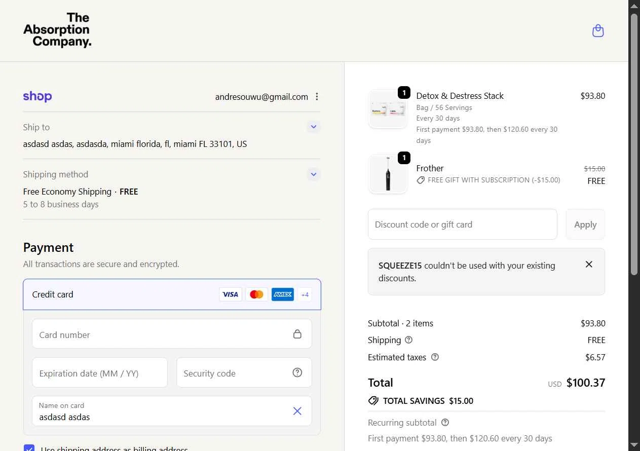 Verification screenshot for 15% Off Select Items at The Absorption Company — 51d ago