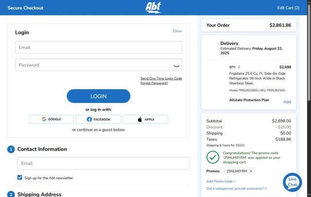 Abt Electronics checkout page showing Abt Electronics promo code box | Screenshot taken by SimplyCodes community member on Aug 18, 2025