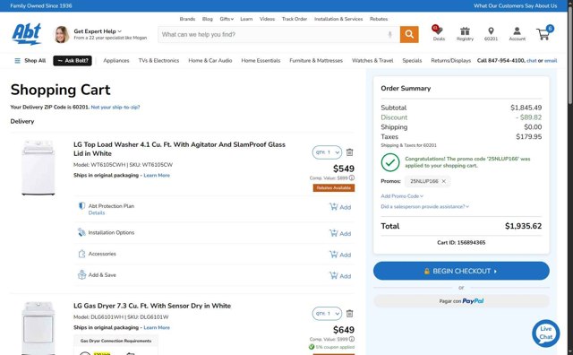 Abt Electronics checkout page showing Abt Electronics promo code box | Screenshot taken by SimplyCodes community member on Aug 13, 2025