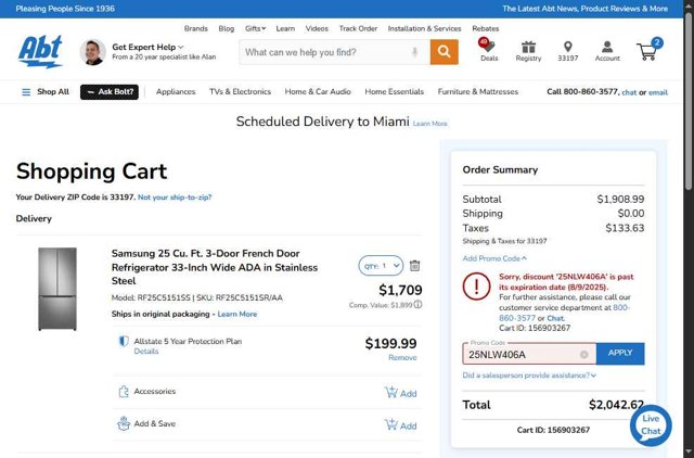 Abt Electronics checkout page showing Abt Electronics promo code box | Screenshot taken by SimplyCodes community member on Aug 17, 2025