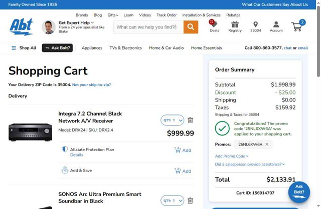 Abt Electronics checkout page showing Abt Electronics promo code box | Screenshot taken by SimplyCodes community member on Aug 22, 2025