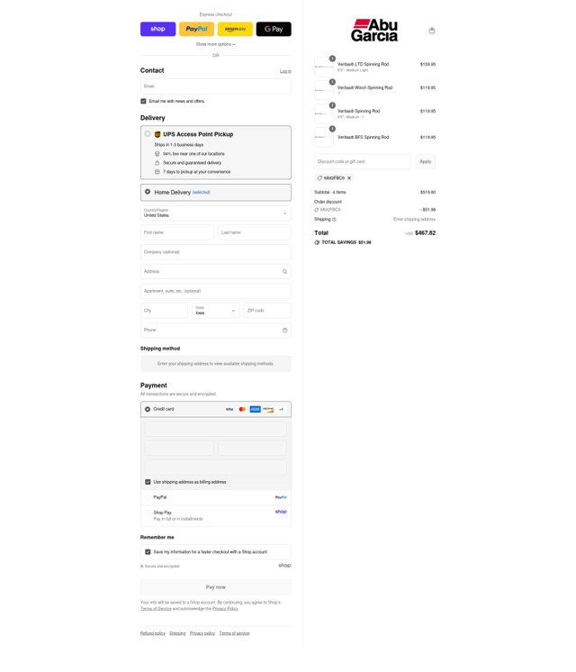 Abu Garcia checkout page showing Abu Garcia discount code box | Screenshot taken by SimplyCodes community member on Sep 4, 2025