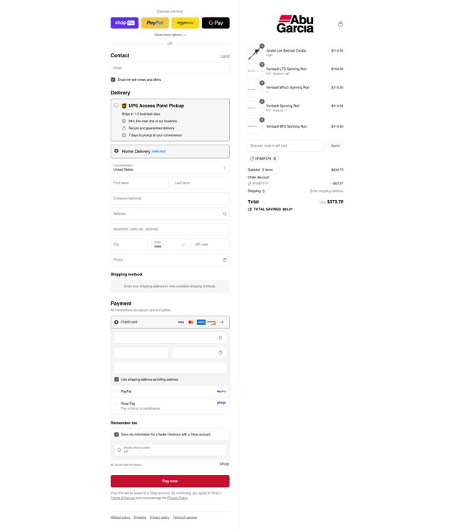 Abu Garcia checkout page showing Abu Garcia discount code box | Screenshot taken by SimplyCodes community member on Aug 27, 2025