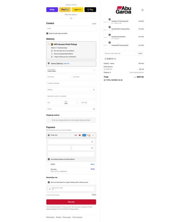 Abu Garcia checkout page showing Abu Garcia discount code box | Screenshot taken by SimplyCodes community member on Sep 4, 2025