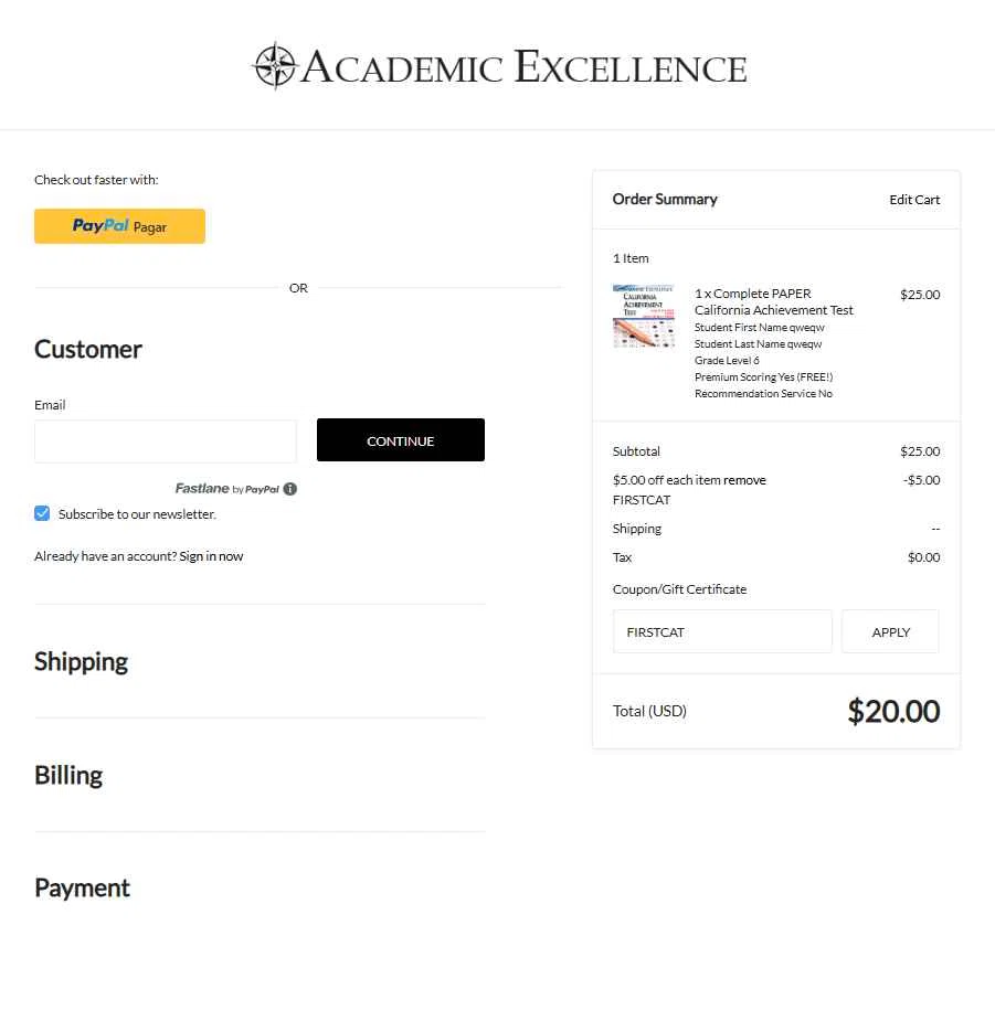 Academic Excellence checkout page showing Academic Excellence promo code box | Screenshot taken by SimplyCodes community member on May 21, 2025