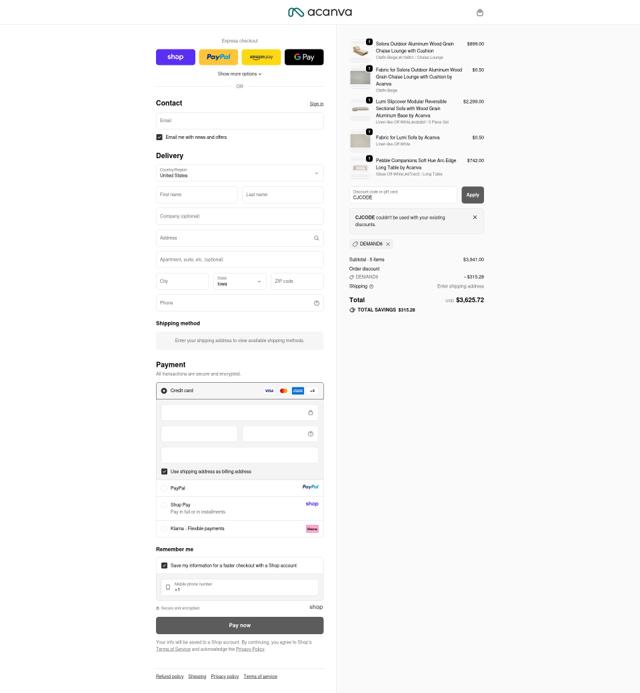 Acanva Home checkout page showing Acanva Home promo code box | Screenshot taken by SimplyCodes community member on Oct 4, 2025