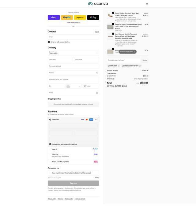 Acanva Home checkout page showing Acanva Home promo code box | Screenshot taken by SimplyCodes community member on Oct 1, 2025