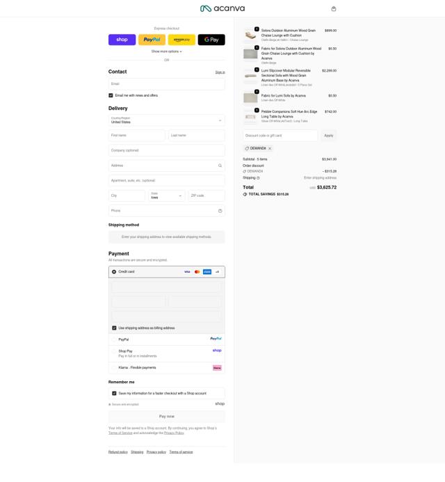 Acanva Home checkout page showing Acanva Home promo code box | Screenshot taken by SimplyCodes community member on Oct 4, 2025