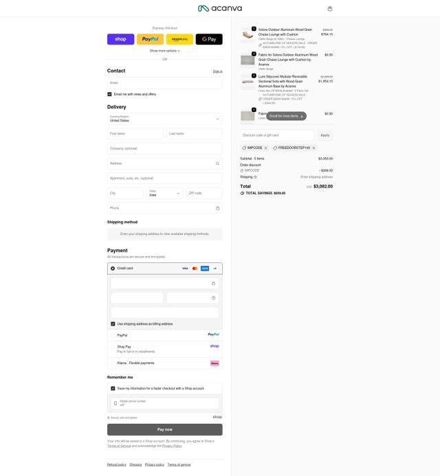 Acanva Home checkout page showing Acanva Home promo code box | Screenshot taken by SimplyCodes community member on Oct 1, 2025