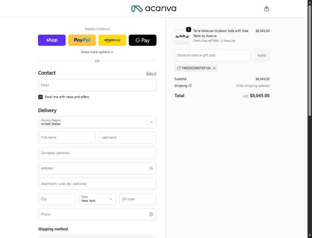 Acanva Home checkout page showing Acanva Home promo code box | Screenshot taken by SimplyCodes community member on Oct 2, 2025