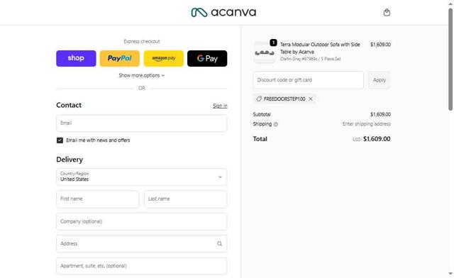Acanva Home checkout page showing Acanva Home promo code box | Screenshot taken by SimplyCodes community member on Oct 2, 2025