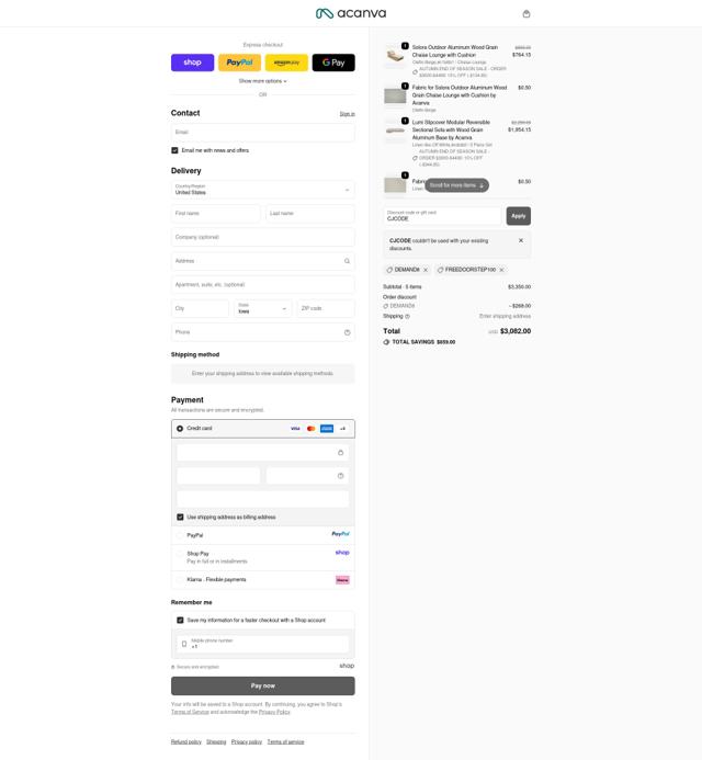Acanva Home checkout page showing Acanva Home promo code box | Screenshot taken by SimplyCodes community member on Oct 1, 2025
