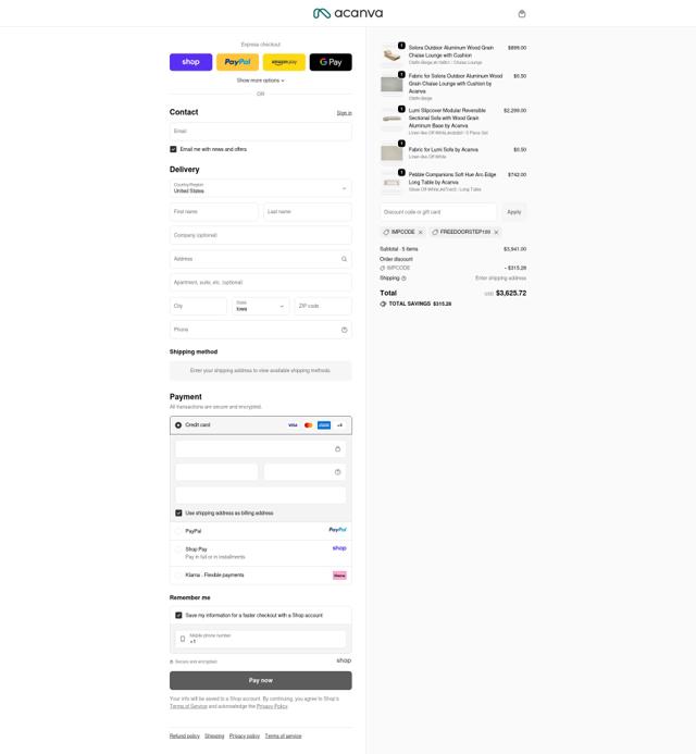 Acanva Home checkout page showing Acanva Home promo code box | Screenshot taken by SimplyCodes community member on Oct 4, 2025