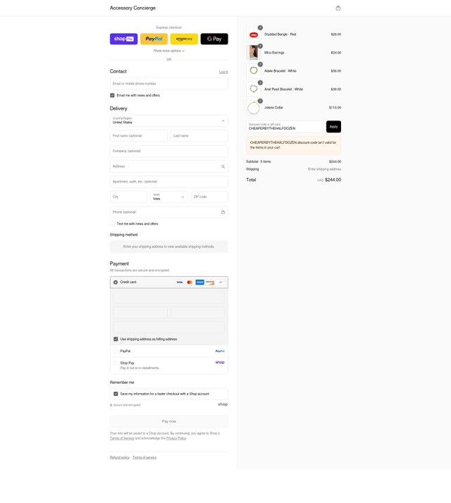 Accessory Concierge checkout page showing Accessory Concierge promo code box | Screenshot taken by SimplyCodes community member on Aug 17, 2025