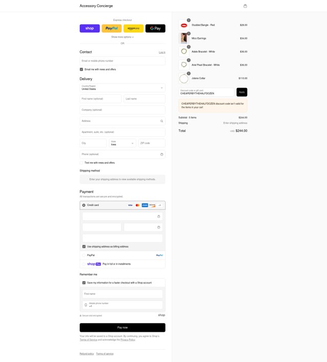 Accessory Concierge checkout page showing Accessory Concierge promo code box | Screenshot taken by SimplyCodes community member on Aug 13, 2025