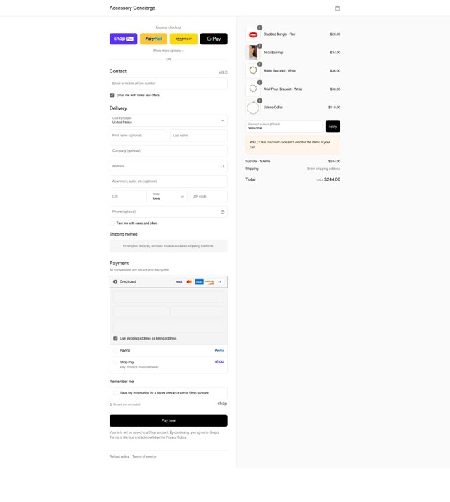 Accessory Concierge checkout page showing Accessory Concierge promo code box | Screenshot taken by SimplyCodes community member on Aug 17, 2025