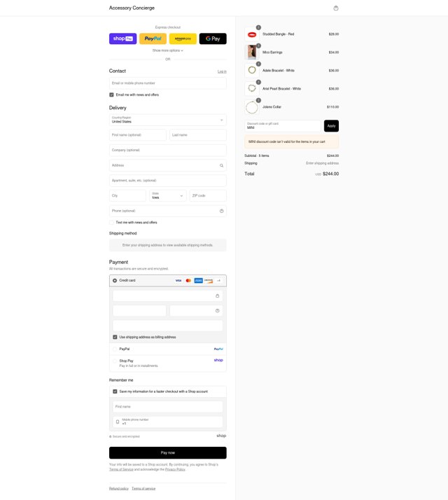 Accessory Concierge checkout page showing Accessory Concierge promo code box | Screenshot taken by SimplyCodes community member on Aug 17, 2025